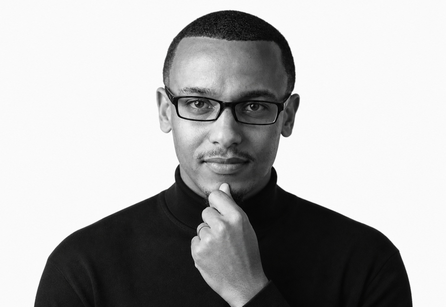 Black-and-white portrait of Gareth Andrew Mackenzie wearing glasses and a black turtleneck